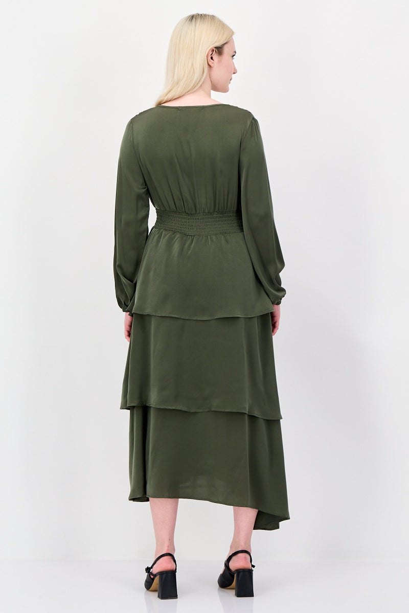 bebe Women Plain Tiered Dress, Olive - Image 2